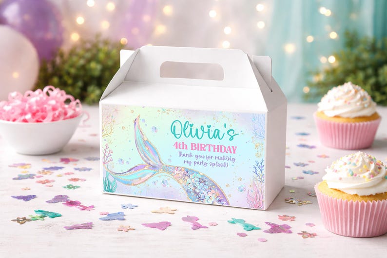 Mermaid First Birthday Gable Box Label, Pastel Teal Pink Under the Sea ...
