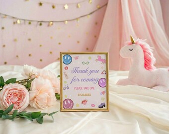 Groovy Birthday Favor Sign, Pink Varsity Patch Party Decorations, Retro Hippie Girl One Two First Birthday Table Decor, Instant Download,D12