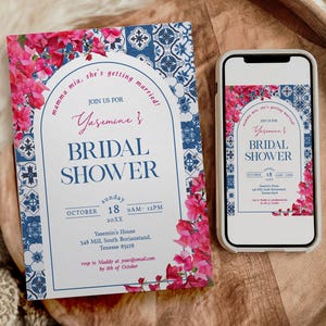 Mamma Bridal Shower Invitation, Mia Dancing Queen Template, Mediterranean Greek Party, Disco Ball, Pink Bougainvillea, Honey Blue Tile, D315