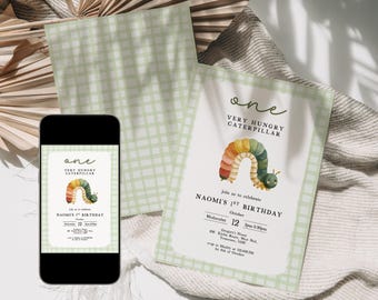 Very Hungry Caterpillar First Birthday Invitation – ONE Green Gingham Boy Girl Neutral Editable Template Printable Instant Download,D380