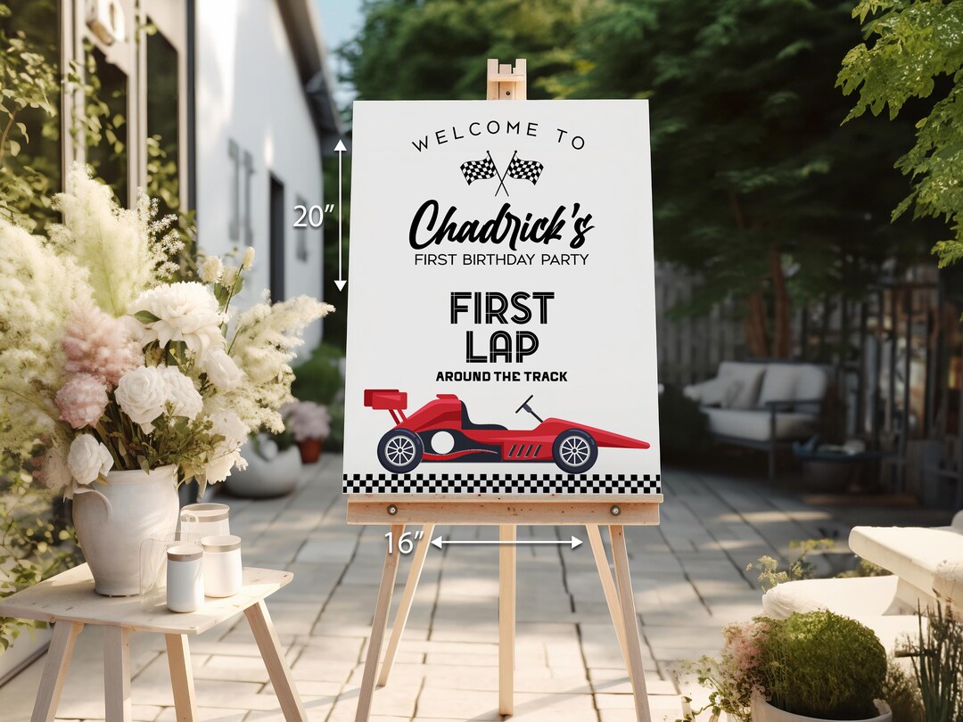 First Lap First Birthday Racing Welcome Sign, Red Modern Boy Car Party ...