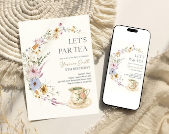 Par-Tea Birthday Invitation Editable Tea Party Wildflower Floral Template for Girl, Vintage Whimsical High Tea Digital Invite, D340