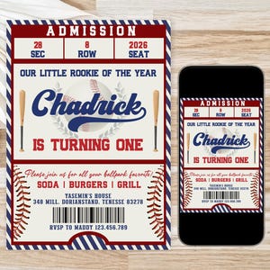 Moderne Baseball Ticket Geburtstagseinladung, Minimalistisch bearbeitbarer kleiner Rookie, Junge Erster Geburtstag, Kind Teen Party, druckbare Vorlage, D127