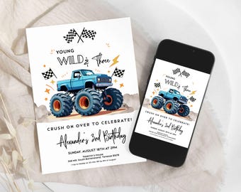 Young Wild and Three Monster Truck Birthday Invitation Boy, Editable Blue 3rd Bday Party Invite Template, Monster Jam Digital Download, D359