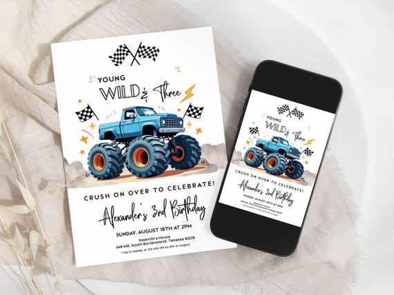 Young Wild and Three Monster Truck Birthday Invitation Boy, Editable Blue 3rd Bday Party Invite Template, Monster Jam Digital Download, D359