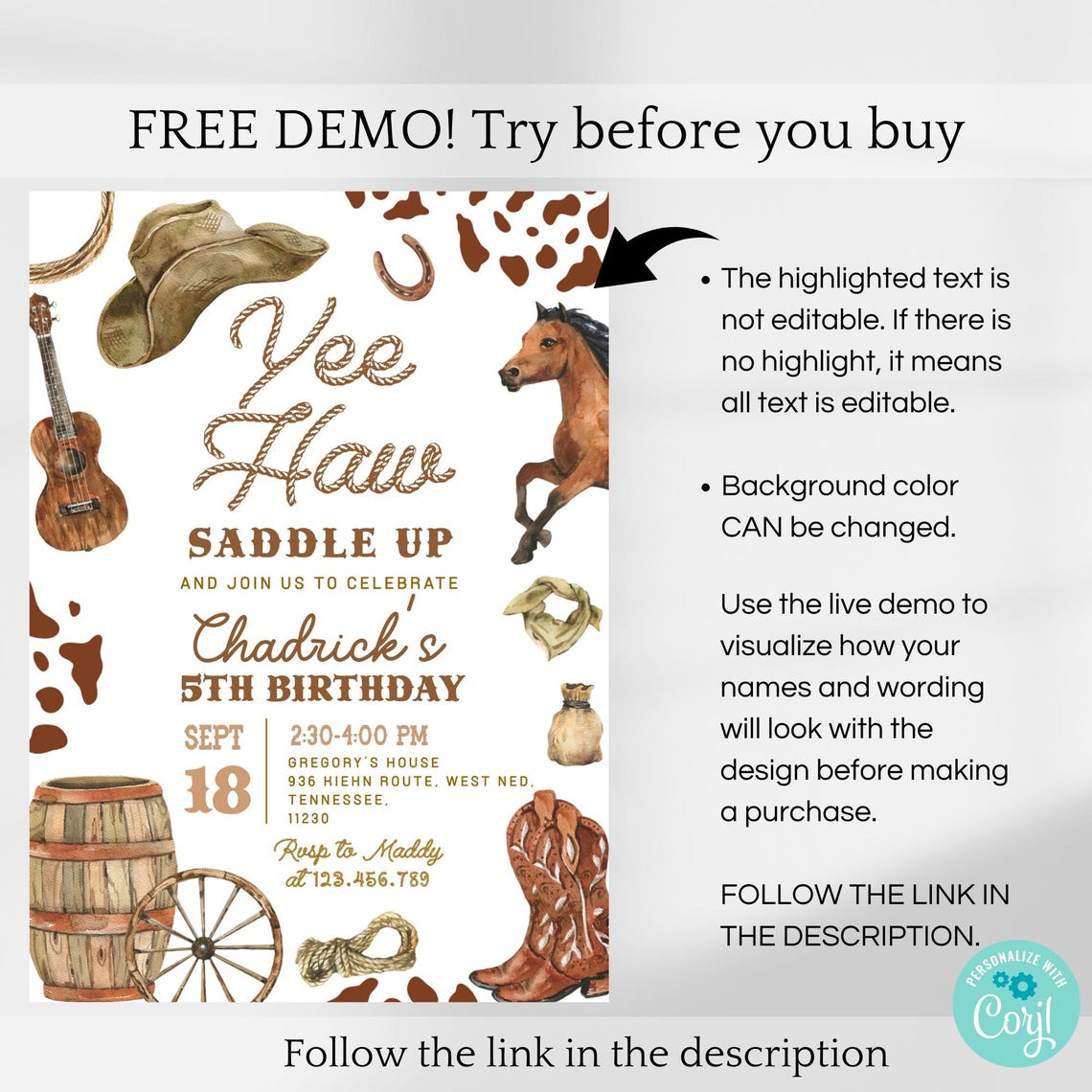 Cowboy Rodeo Birthday Invitation, Retro Wild West Ranch, Little Cowboy ...