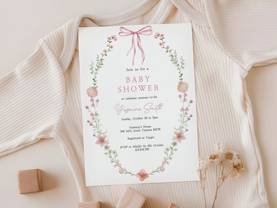 Editable Wildflower Baby Girl Shower Invitation, Minimalist Blush Pink Bow Baby Shower Invite Template, Floral Wreath, Coquette, Ribbon, D15