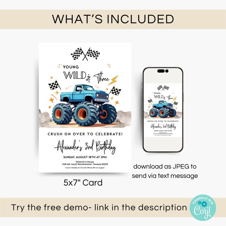 Young Wild and Three Monster Truck Birthday Invitation for boys, featuring blue off-road trucks and Monster Jam theme. Editable template makes it easy to personalize. Perfect digital printable invite for a 3rd birthday party, instant download DIY design for racing fans.