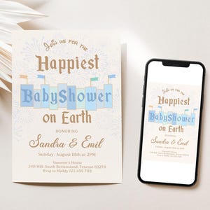 Puede incluir: Una invitación para un baby shower con el texto "Happiest BabyShower on Earth". La invitación está sobre un fondo crema con detalles en azul y dorado. Un smartphone muestra la misma invitación.