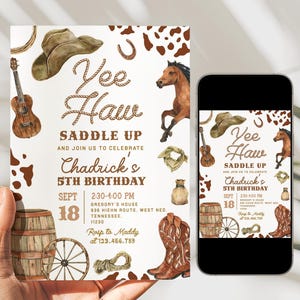 Invito di compleanno da rodeo da cowboy, ranch retrò del selvaggio West, piccolo cappello da cowboy, modello di invito country western, 2°, 3°, 4°, 5°, 6°, D86