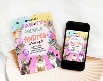 Plantilla imprimible editable para invitación de cumpleaños de niña con temática de gatos, linda invitación de gatito, ¡Llamando a todos los amantes de los animales!, colorida, para cualquier edad, D42