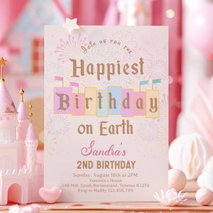 Convite Vintage Editável Mais Feliz Aniversário na Terra, Aniversário Infantil Mágico Moderno, Modelo de Tema Rosa Roxo Pastel Minimalista, D254