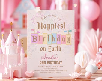 Bearbeitbare Vintage glücklichste Geburtstagseinladung auf Erden, moderner magischer Kindergeburtstag, minimalistische pastellviolette rosa Themenvorlage, D254
