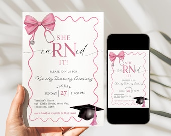 She Earned It – Pink Coquette Bow RN Nurse Graduation Invitation Medical Pinning Ceremony Editable Template Printable Instant Download, D335