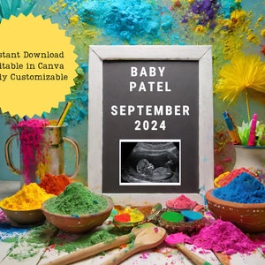 Faire-part de grossesse pour bébé Holi | faire-part de naissance indien pour bébé | Modifier sur Canvas | carte bébé grossesse | Téléchargement numérique imprimable