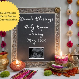 Faire-part de grossesse pour bébé Diwali | faire-part de naissance indien pour bébé | Modifier sur Canvas | carte bébé grossesse | Téléchargement numérique imprimable
