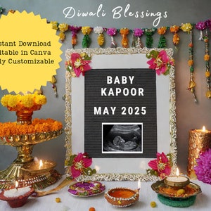 Faire-part de grossesse pour bébé Diwali | faire-part de naissance indien pour bébé | Modifier sur Canvas | carte bébé grossesse | Téléchargement numérique imprimable
