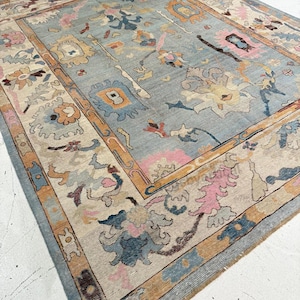 May include: A large, rectangular area rug with a light blue central field. The rug features a detailed floral pattern in shades of pink, orange, and blue. The border is a contrasting beige with a similar floral design.