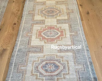 Hand Knotted Muted Runner Rug, 2.5x10 3x12 4x12 Antique Turkish Oushak Runner Rug Handmade Netural Wool Area Rug Home Decor Designer Rugs