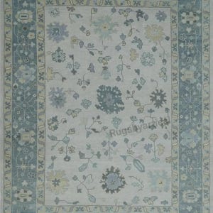 Exquisita alfombra Oushak de 8 x 10 pulgadas, color blanco y azul oliva, anudada a mano, alfombra turca, alfombra de lana hecha a mano para sala de estar, dormitorio, alfombra hecha a pedido