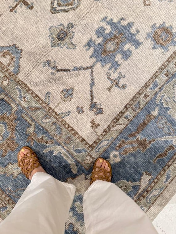 Very Nice Look Oushak Rug, White, Blue 12x15 10x14 Turkish Rug Home design Rug Handmade Wool Rug Contemporary Antique Hand-knotted bahu Rug