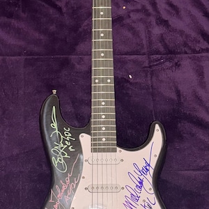 Pu&ograve; includere: Chitarra elettrica nera con manico e paletta in legno chiaro. La chitarra ha un battipenna bianco ed &egrave; ricoperta di firme. Il corpo della chitarra presenta un disegno a cartoni animati e la scritta "AC/DC".