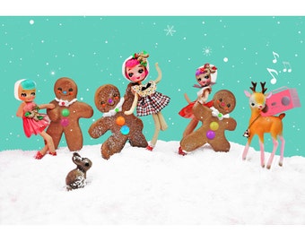 gingerbread doll christmas print 5 x 7 THE GINGERBREAD HOP