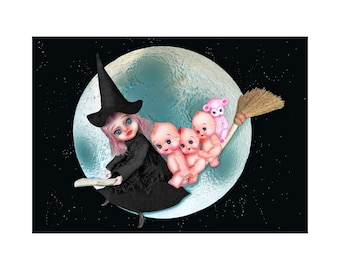 kewpie witch print 5 x 7 THE BROOMSTICK BUNCH