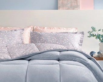 Parure de lit simple double face bleue à motif floral