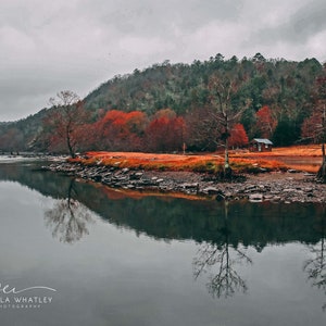 Mountian cabin photo, lake house photo, rustic cabin photo, Fall landscape, autumn wall art, rustic landscape, water reflection, lake art image 2