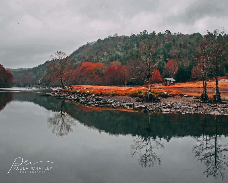 Mountian cabin photo, lake house photo, rustic cabin photo, Fall landscape, autumn wall art, rustic landscape, water reflection, lake art image 2