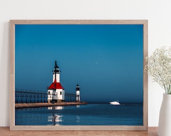 lighthouse photo, beach decor, nautical wall art, lighthouse art, nautical decor, lighthouse print, Lake Michigan photo, coastal decor