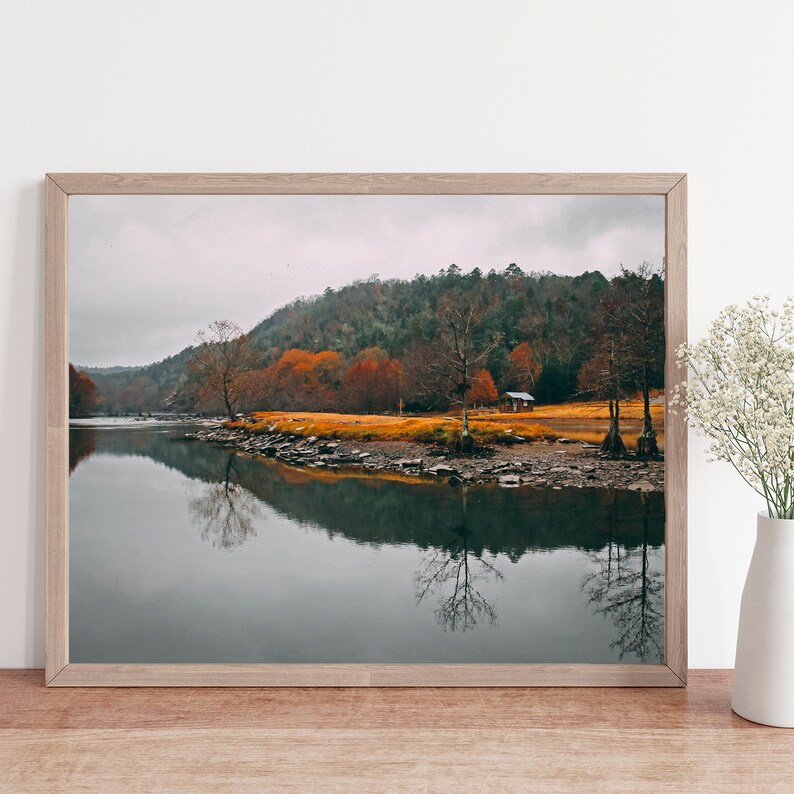 Mountian cabin photo, lake house photo, rustic cabin photo, Fall landscape, autumn wall art, rustic landscape, water reflection, lake art image 1