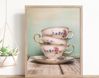 Kitchen wall art,  kitchen decor, vintage tea cup photo, food decor, food photo, dining room decor, tea lover gift, gift for tea lover