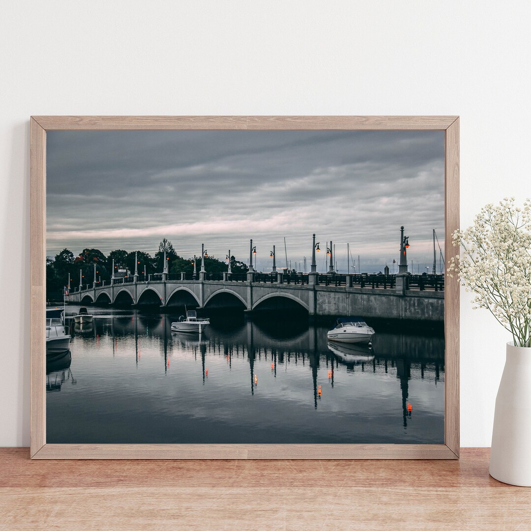 New England Wall Art, Bridge Photo, Moody Photo, Cloudy Day Photo, Boat