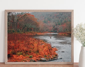 fall landscape, rustic landscape, water reflection, fishing art, river art, fly fishing gift, fisherman gift, river photo, lake house art