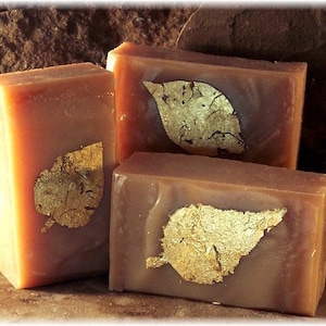 Sensuous Sandalwood Amber Handmade Soap, One Bar, Pure Gold Leaf Accent