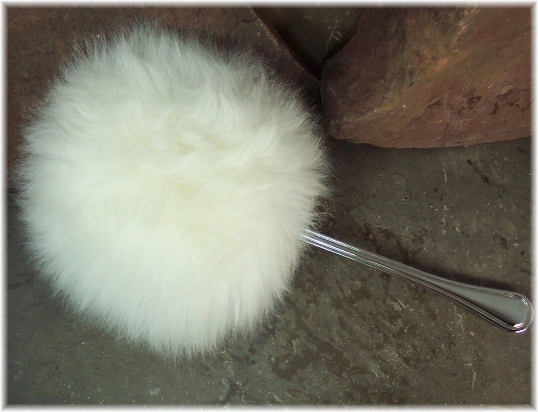 Silver Long Handled Powder Puff, Handmade With Opulent Sheepskin