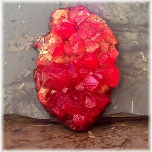 May include: A vibrant, crystalline cluster with a deep red hue, transitioning to a lighter, almost orange tone at the edges. The surface is composed of numerous, sharply defined crystal formations, creating a textured appearance. The overall shape is irregular and organic.