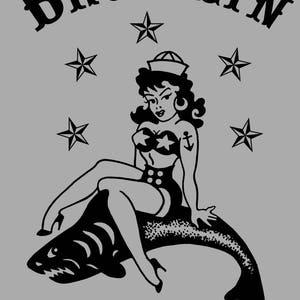 May include: Black and white illustration of a pin-up girl wearing a sailor hat and a swimsuit, riding a shark. The image includes the word "BROOKLYN" in a stylized font and five stars.