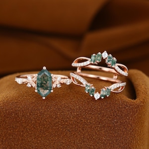 Vintage Hexagon Moss Agate Engagement Ring Set: Rose Gold Moissanite Bridal Wedding