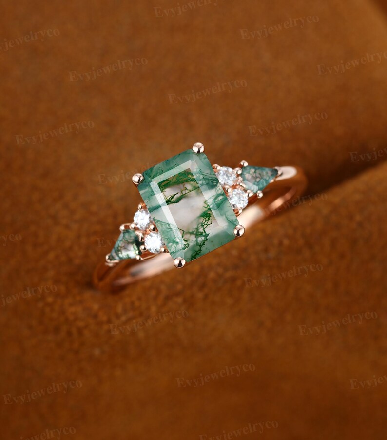 Emerald Cut Moss Agate Engagement Ring 14K Rose Gold Diamonds Ring ...