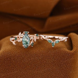 Vintage Rose Gold Moss Agate Engagement Ring Set: Leaf Art Deco Bridal Set