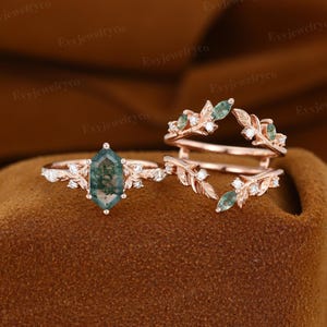 Unique Long Hexagon Moss Agate Engagement Ring Set Vintage Rose gold Moss+Moissanite art deco Wedding Bridal Set Anniversary Promise Gifts