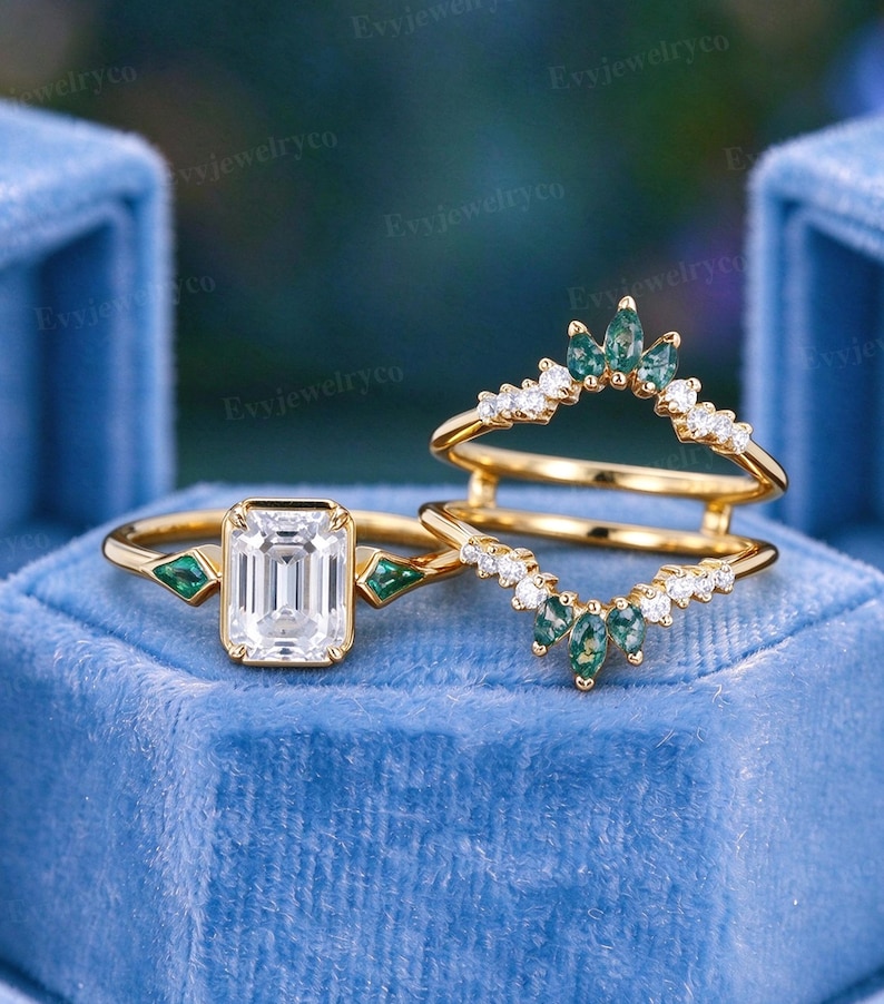 2CT Emerald Cut Moissanite Engagement Ring Set Marquise Moss Agate Double Wedding Ring Band Enhancer Unique Promise Bridal Ring Set For Her