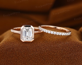 Zestaw pierścionków zaręczynowych z moissanitem o szlifie szmaragdowym, obrączka z różowego złota z oprawą typu solitaire, vintage'owa obrączka ślubna Half Eternity Pave, damska, zestaw ślubny