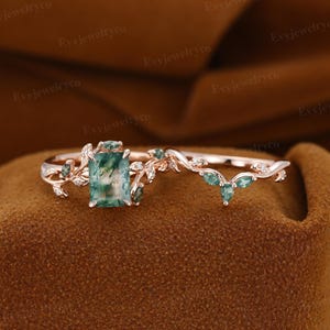 Vintage Rose Gold Moss Agate Engagement Ring Set: Branch Leaf Bridal Jewelry