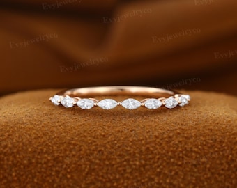 Marquise Moissanite Rose Gold Eternity Band, Milgrain Moissanite Accents Stackable Ring, Vintage Bridal Anniversary Matching Gift for Her