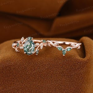 Oval Moss Agate Engagement Ring Set: Rose Gold Leaf Art Deco Bridal Set
