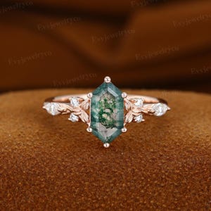Unique Long Hexagon Cut Moss Agate Engagement Ring Vintage Rose gold Moss Engagement Ring art deco Ring Bridal Anniversary Promise Gifts